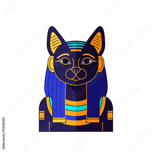 Stylized Bastet Egyptian Cat Goddess Blue and Gold Line Art.