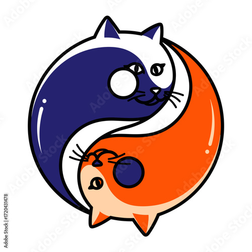 Stylized blue and orange cartoon cats curled into a circular Yin Yang symbol of balance.