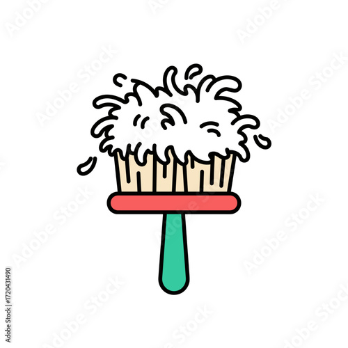 Stylized cartoon cleaning brush with white suds red base green handle black outline.