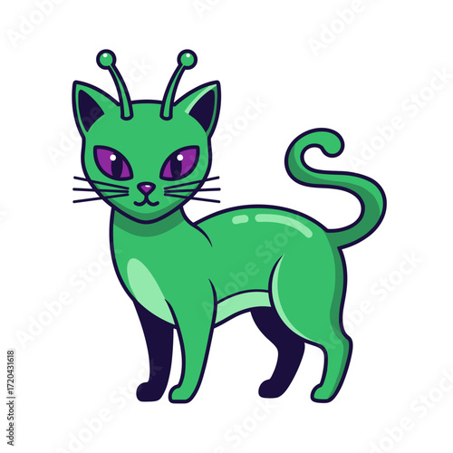 Whimsical Green Alien Cat with Purple Eyes and Antennae.