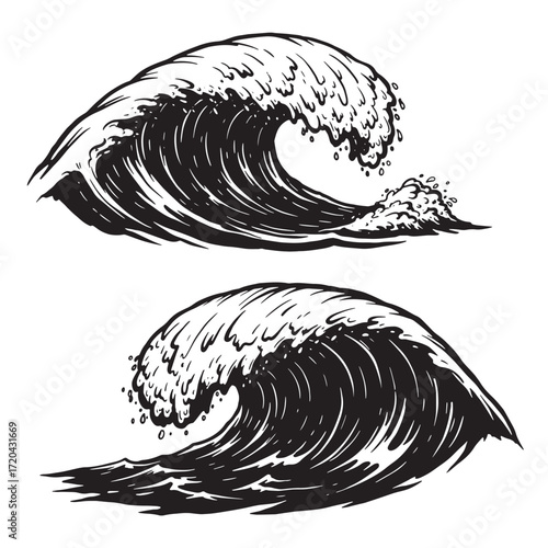 Two black and white hand drawn illustrations of ocean waves surging and breaking