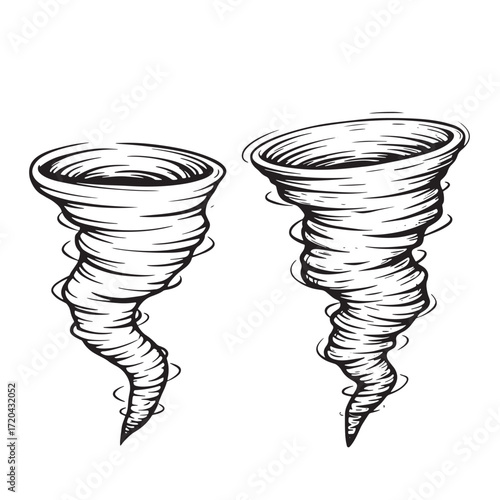 Two detailed black and white tornado drawings depicting powerful storms and natural disasters