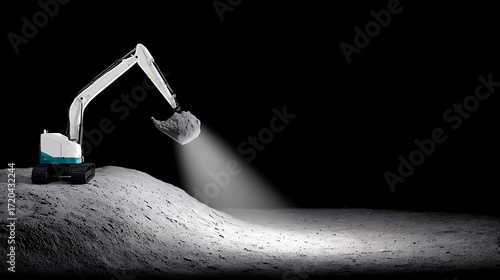 A robotic excavator operates on a mound of sand under focused lighting against a dark background