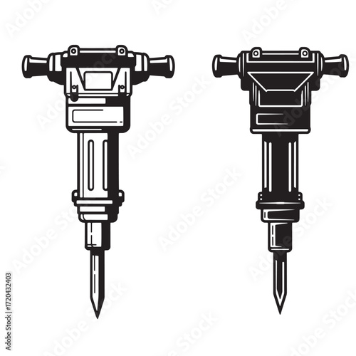 Two illustrated black and white vector graphics of jackhammer construction tools
