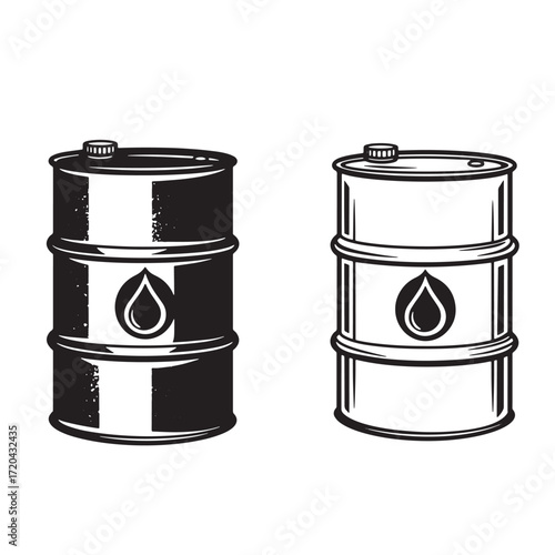 Two oil barrels illustrated in black and white showing energy and petroleum resources