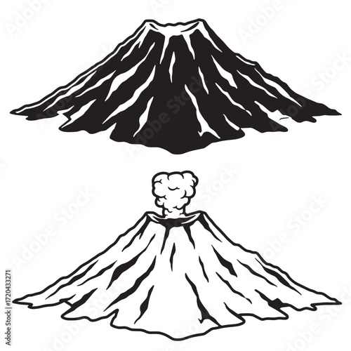 Vector illustration depicting a volcano erupting with smoke and a black solid silhouette