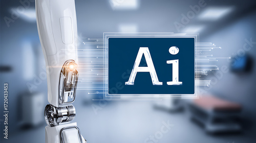 Robotic arm with AI symbol in a high-tech laboratory setting