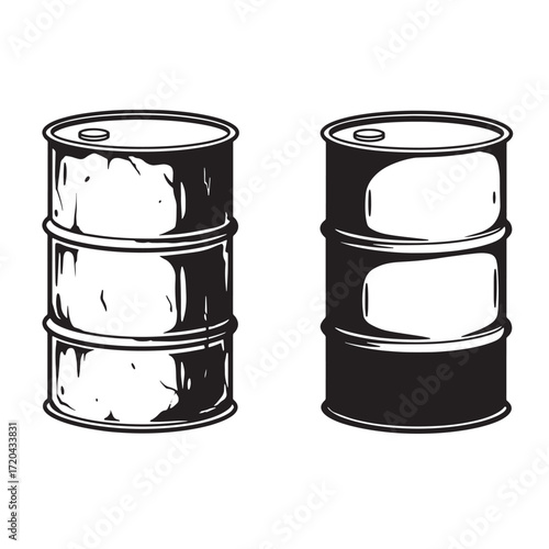 Vector illustration of two industrial oil barrels in contrasting black and white styles