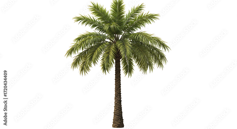 Obraz premium A tall palm tree with green fronds isolated on white background
