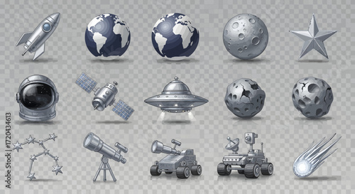 Space Exploration Icons Rocket, Planets, Astronaut, Satellite, UFO, and Other Celestial Elements