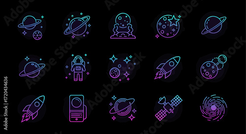 Colorful Space Icons Planets, Astronauts, Rockets & Stars