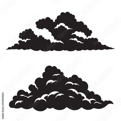 Vector illustration of two stylized black and white cloud formations on white background