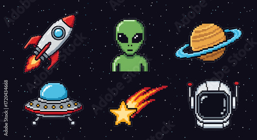 Pixel art space icons rocket, alien, planet, UFO, shooting star, astronaut helmet. Ideal for retro game design, cosmic themes, and digital projects