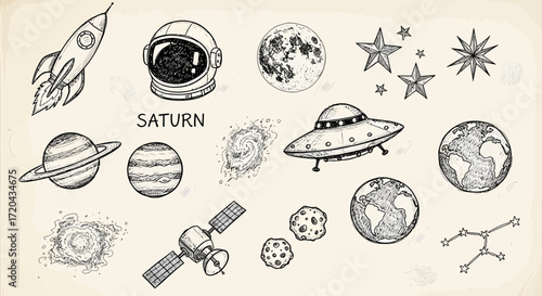 Collection of hand-drawn outer space elements in a vintage sketch style. A set of astronomy icons including planets, rocket, and astronaut