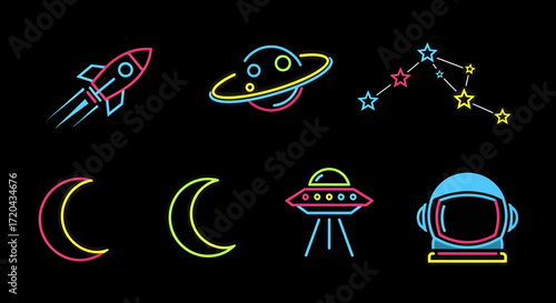 A vibrant set of glowing neon line icons depicting cosmic and space exploration themes like rockets, ufos, and constellations