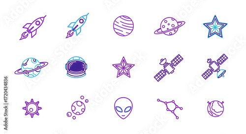 Vibrant Neon Space Icons A Collection of Rockets, Planets, and Cosmic Elements for Design