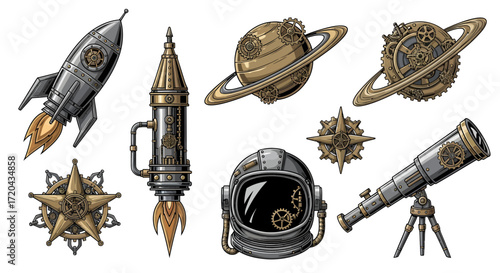 Steampunk Space Exploration Retro Rocket, Planets, Telescope & More Vintage Elements