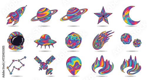 A vibrant collection of psychedelic space and astronomy icons with colorful abstract liquid patterns, including planets, rockets, and aliens