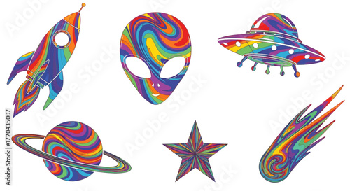 Vibrant collection of trippy psychedelic space icons featuring a rocket, alien, and UFO with a groovy liquid rainbow pattern
