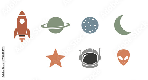 Flat design vector icons of space elements. Rocket, planets, moon, star, astronaut helmet, and alien head for cosmic, sci-fi, and education projects