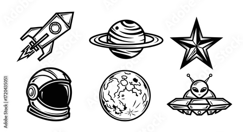 Bold monochrome vector illustrations capturing space wonder. Icons include rocket, planet, star, astronaut helmet, moon, and alien spacecraft for celestial and sci-fi design projects