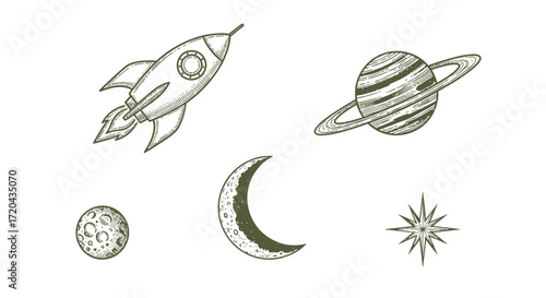 Celestial bodies and a rocket ship illustration on a white background