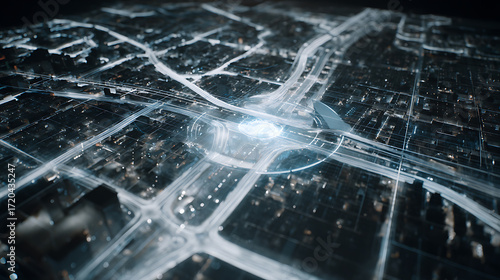 Aerial view of a futuristic city with illuminated roads and digital network overlay