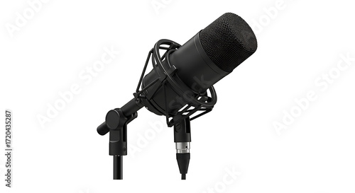 Studio condenser microphone angled on a shock mount with xlr connector isolated on white background