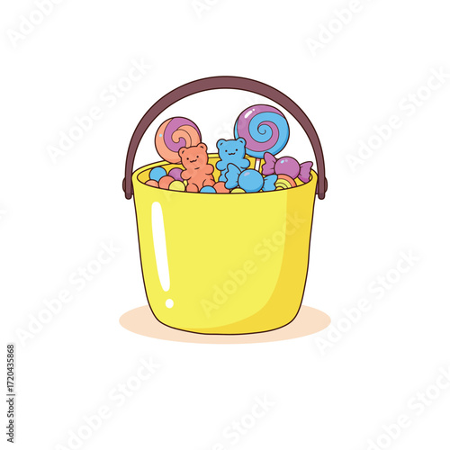 Bucket overflowing with colorful candies and gummy bears illustration.