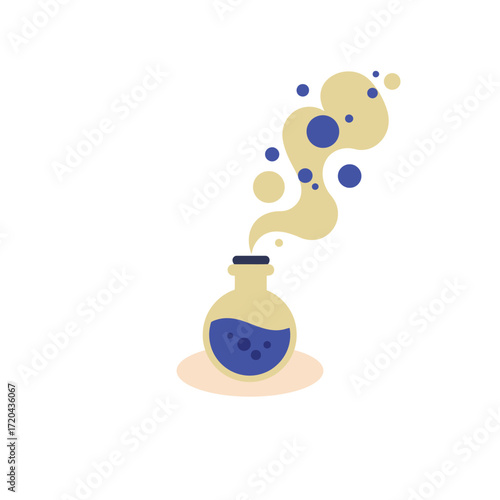 Chemical reaction in a laboratory flask with bubbling blue liquid and yellow smoke.