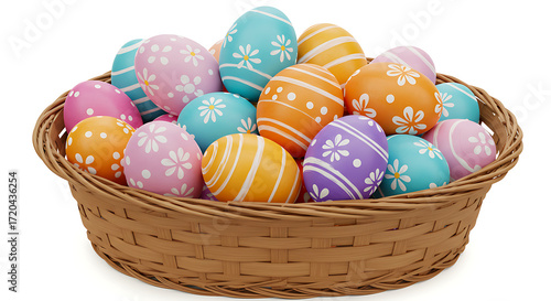 A woven basket overflowing with a colorful assortment of decorative easter eggs, isolated on white background