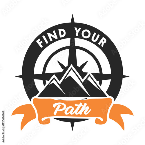 Adventure Seeker Emblem with Mountains and a Compass Rose