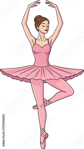 Cartoon ballerina in pink tutu, graceful ballet dancer pose, classical dance performance, elegant ballerina character, stage art, vector illustration, dance character design