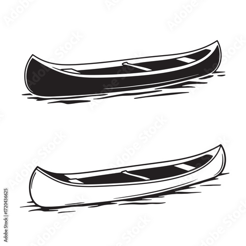 Black and white vector illustration of two canoes on the water in an isolated view