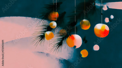 Abstract Christmas ornaments on a pine tree branch. An abstract painting of New Year ornaments hanging against a backdrop of colorful brushstrokes, creating a festive and artistic scene. Winter decor.