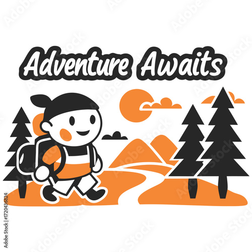 Adventure Awaits Vector Illustration with Hiker and Landscape