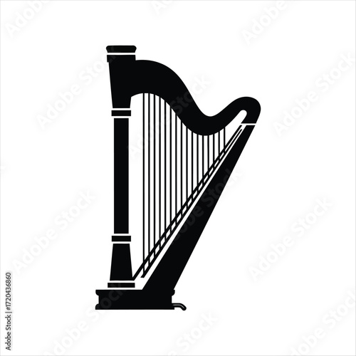 Black silhouette of a classical harp with strings and pedals on a white background musical instrument