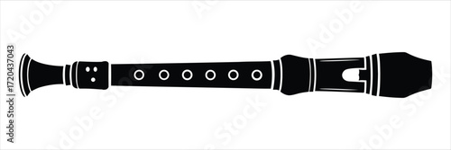 Black silhouette of a wooden recorder musical instrument with finger holes and flared bell on a white background