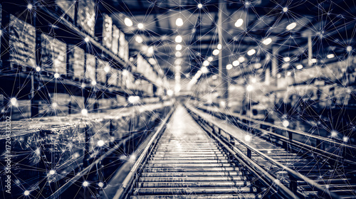 Industrial warehouse interior with interconnected network overlay symbolizing digital connectivity and automation