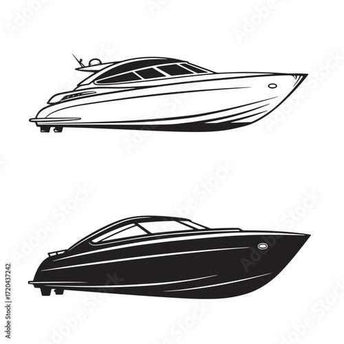 Elegant black and white illustration of two luxurious motor yachts on a pure white background