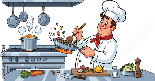 Chef cooking illustration, professional kitchen scene, tossing vegetables in pan, culinary art concept, smiling cook, vibrant food preparation, vector cartoon character, gourmet cuisine