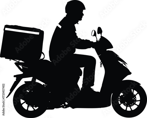 Delivery scooter rider silhouette illustration, wearing helmet and carrying rear box, vector minimal black figure, urban transportation and courier service concept scene