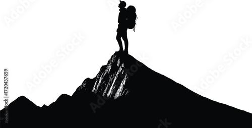Hiker standing on mountain peak silhouette illustration, backpack and hat, vector minimal black figure, adventure exploration and achievement outdoor concept scene
