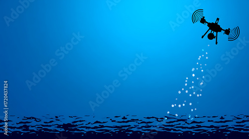 Silhouette of a drone flying over water, emitting signals and data points against a blue gradient background