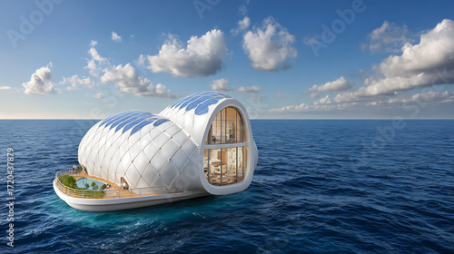 Floating dome-shaped structure on open ocean with glass windows and rooftop pool