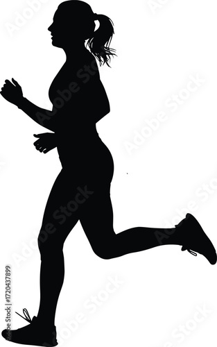 Running silhouette illustration, female athlete mid‑stride with ponytail, dynamic motion pose, vector minimal black figure, fitness and sports activity concept scene