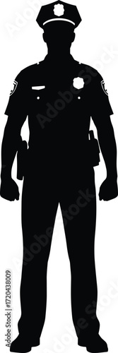 Silhouette police officer standing, uniform with badge, law enforcement man, public safety worker, authority figure, security professional, vector illustration, black silhouette design