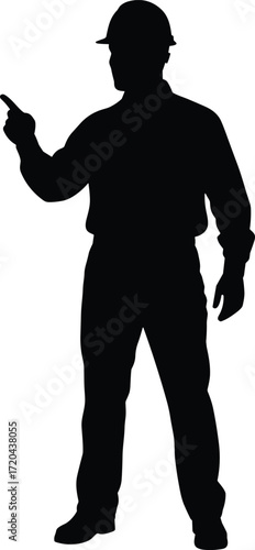 Silhouette construction worker pointing, hard hat safety gear, industrial labor man, building site foreman, engineering professional, occupational safety, vector illustration, black silhouette design