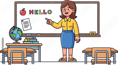 Teacher in classroom illustration, pointing at whiteboard with hello text and apple drawing, vector cartoon character, educational learning scene, school teaching concept