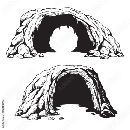 Hand-drawn illustrations of cave entrances showing natural rock formations and shaded dark interiors.